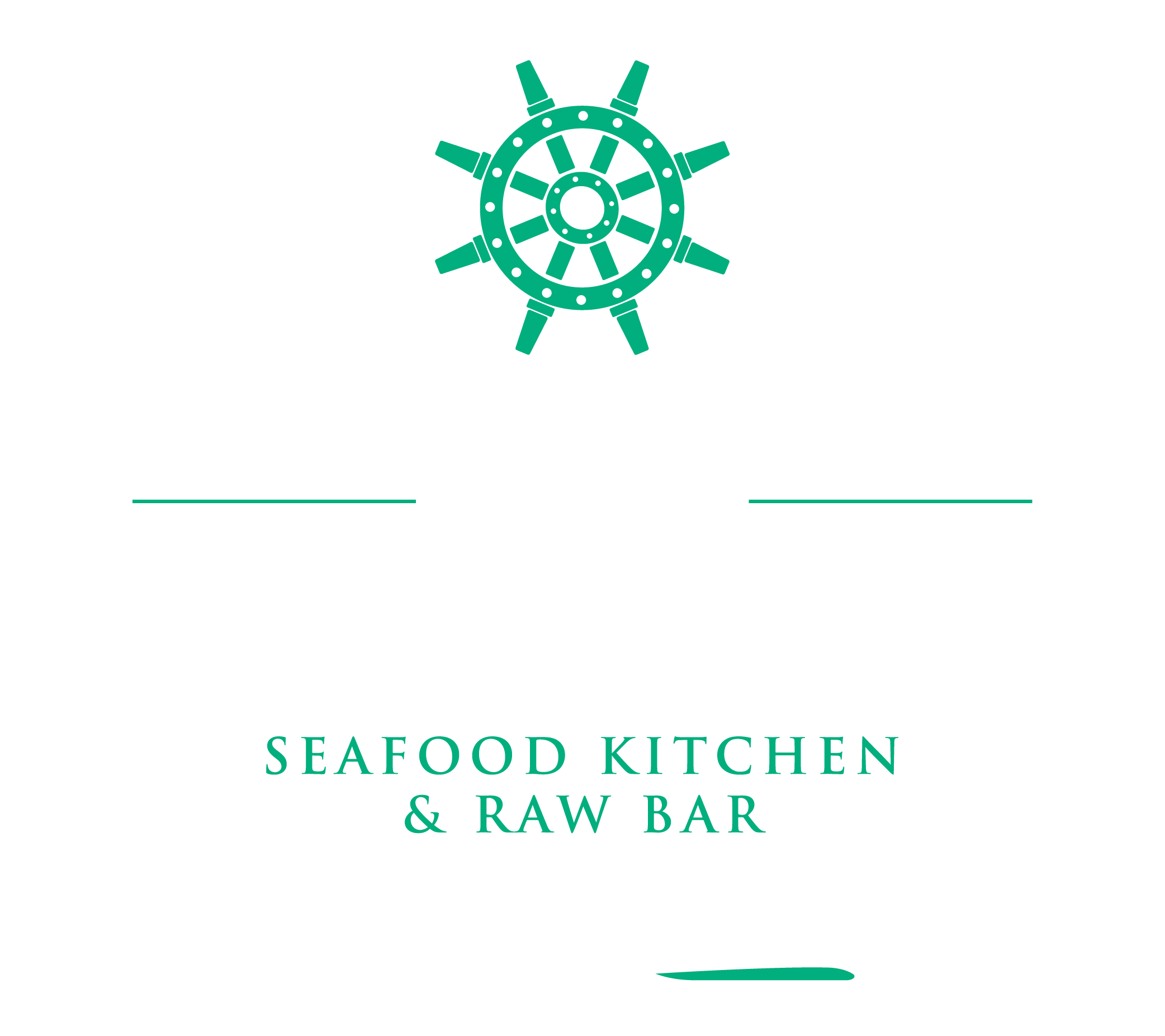 Nautical-themed restaurant logo with a teal ship wheel above the text 'The ...' and 'Seafood Kitchen & Raw Bar' on a black background, plus the script line 'Every Day's a Catch'.